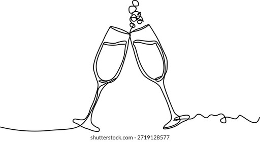 Desenho de linha contínua de vidro de champanhe brinde. Vetor de celebração minimalista Art.One Line Champagne Flautas Clinking Illustration. Simples Elegante Cheers Line Art para casamentos e ano novo.