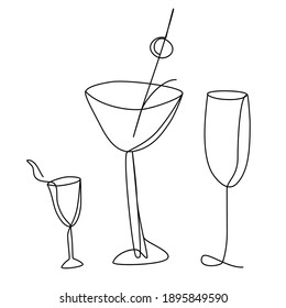 Champán continuo de giro de línea, gafas de martini y gafas de tiro. Ilustración del vector de diseño de trazas de una línea