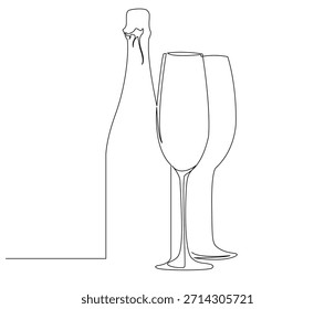 Dibujo de línea continua de Champagne. Ilustración de una sola línea de copa de champán, ilustración, concepto de año Nuevo. Esquema editable.