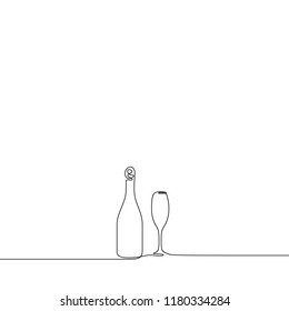 Continuous line drawing Champagne with a wineglass. Vector illustration