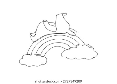 Desenho de linha contínua de rinocerontes adoráveis encantadores dormindo em decúbito dorsal em um arco-íris. Este design de conceito de natureza captura um tema de vida selvagem para o Dia Mundial do Rinoceronte. Simples arte para bonito adesivo crianças layout