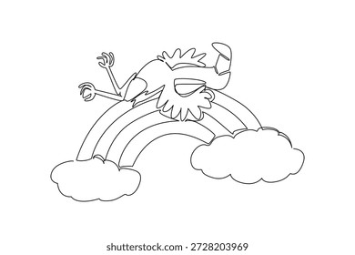 Desenho de linha contínua de um adorável charmoso flamingo animal dormindo supine em um arco-íris com nuvens. Conceito de natureza, tema do Dia Mundial do Pássaro Migratório, ilustração de arte de berçário bonito para crianças