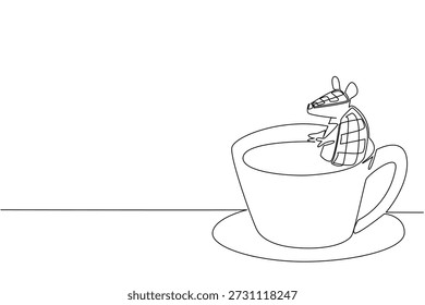 O tatu encantador de desenho de linha contínua mostra o animal de chão bonito encharcando na xícara de café para o conceito da natureza. Design exclusivo apresenta a criatura blindada lúdica para um tema de dia de café internacional