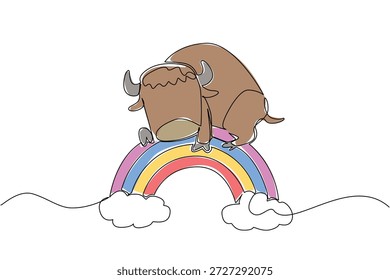 Desenho de linha contínua de charmoso bisão forte pesado que parece claro como uma nuvem enquanto dorme em um arco-íris. Conceito da natureza para o animal selvagem bonito, negócio para a decoração do quarto das crianças e o Dia Nacional do Bisão
