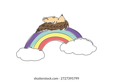 Dibujo de línea continuo de encantadora ilustración de un diminuto erizo marrón acostado boca arriba en posición supina sobre un arco iris nublado. Tema del bosque del concepto de Naturaleza para la Semana de Concienciación del Erizo