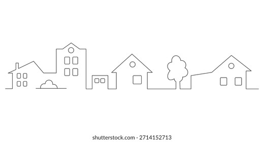 Continuous line drawing of a charming minimalist city skyline featuring various houses and buildings with a tree and shrub creating a modern abstract neighborhood street illustration