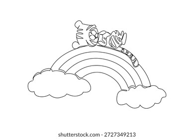 Dibujo de línea continua de tigre bebé encantador y juguetón que duerme cómodamente en posición supina a través del arco iris enraizado por nubes suaves. Concepto de Naturaleza Mamífero de vida silvestre para niños Ropa
