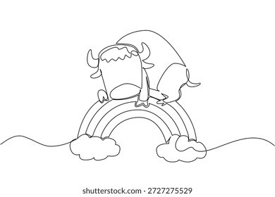 Dibujo de línea continua de un bisonte pesado y fuerte encantador que aparece ligero como una nube mientras duerme en un arco iris. Concepto de Naturaleza para el tema lindo del animal salvaje, ideal para la decoración de la habitación de los niños 