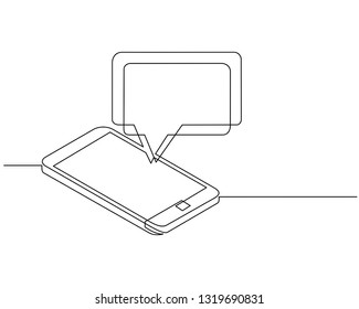 continuous line drawing of chat message on smartphone. Mobile phone chatting, people texting cellphone messages and sms messaging bubble text on phones screen, conversation flat illustration. vector