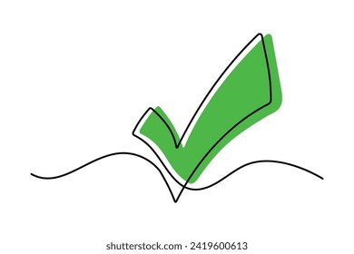 Continuous line drawing of check mark. One line drawing background. Single line vector illustration. Check mark green icon.