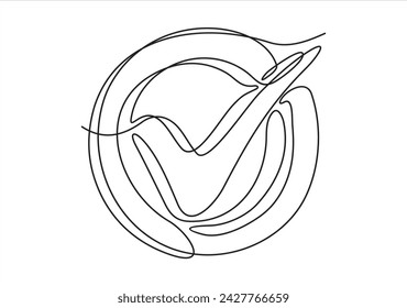 Continuous line drawing of check mark. Tick one line icon. One line drawing background. Vector illustration. Check mark black icon	