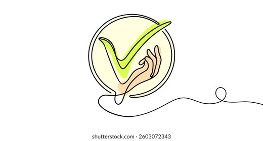 Continuous line drawing of check mark. Tick one line icon. One line drawing background. Vector illustration. Check mark black icon