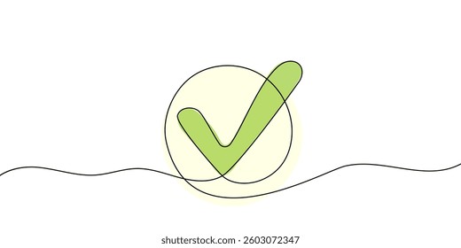 Continuous line drawing of check mark. Tick one line icon. One line drawing background. Vector illustration. Check mark black icon