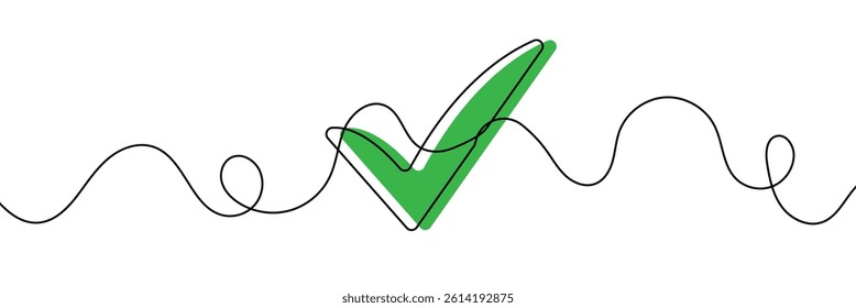 Continuous line drawing of check mark. Tick one line icon. One line drawing background. Vector illustration. Check mark black icon