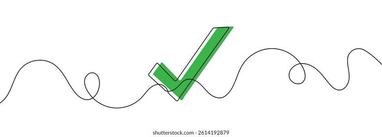 Continuous line drawing of check mark. Tick one line icon. One line drawing background. Vector illustration. Check mark black icon
