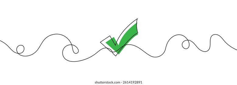 Continuous line drawing of check mark. Tick one line icon. One line drawing background. Vector illustration. Check mark black icon