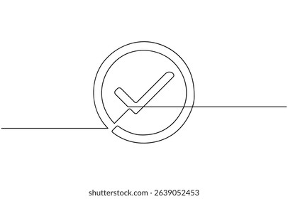 Continuous line drawing of check mark. One continuous line tick. Continuous line drawing of tick. Check mark linear icon, Check mark black icon, Vector illustration