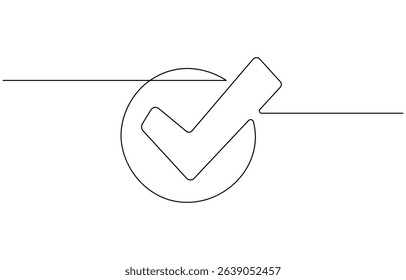 Continuous line drawing of check mark. One continuous line tick. Continuous line drawing of tick. Check mark linear icon, Check mark black icon, Vector illustration