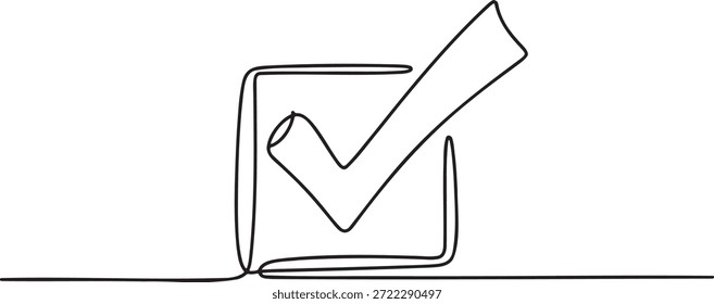 Dibujo de línea continua de marca de verificación dentro de la caja cuadrada. Icono que indica la Aprobación o finalización correcta. Ilustración de un solo golpe de verificación aceptada, elección correcta y tarea terminada. Dibujo de concepto minimalista de símbolo de voto positivo.