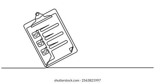 Continuous Line Drawing of Checklist Icon. Hand Drawn Symbol Vector Illustration, Continuous one line drawing of clipboard with checklist. One line drawing illustration of checklist on clipboard. pro.