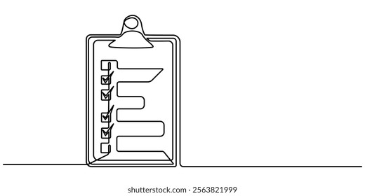 Continuous Line Drawing of Checklist Icon. Hand Drawn Symbol Vector Illustration, Continuous one line drawing of clipboard with checklist. One line drawing illustration of checklist on clipboard. pro.