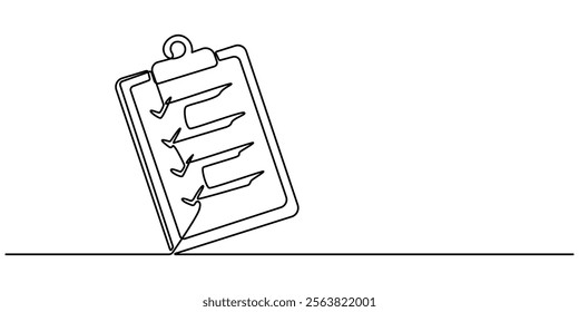 Continuous Line Drawing of Checklist Icon. Hand Drawn Symbol Vector Illustration, Continuous one line drawing of clipboard with checklist. One line drawing illustration of checklist on clipboard. pro.