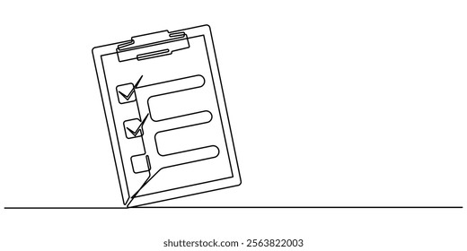 Continuous Line Drawing of Checklist Icon. Hand Drawn Symbol Vector Illustration, Continuous one line drawing of clipboard with checklist. One line drawing illustration of checklist on clipboard. pro.