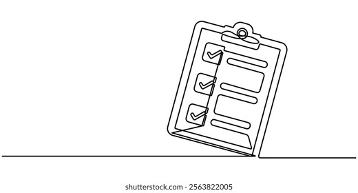 Continuous Line Drawing of Checklist Icon. Hand Drawn Symbol Vector Illustration, Continuous one line drawing of clipboard with checklist. One line drawing illustration of checklist on clipboard. pro.