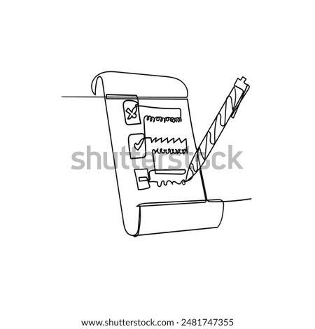 Continuous line drawing. A checklist with a pen on it, ready for completion and ticking off tasks. Icon vector illustration