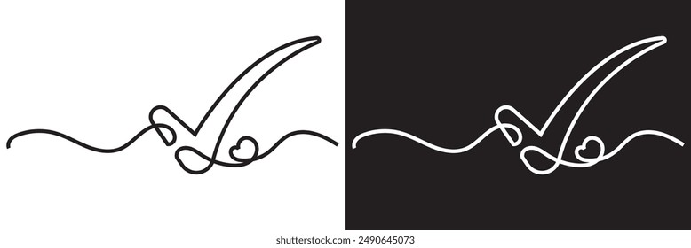 Continuous line drawing of checkmark. One continuous line tick. Continuous line drawing of tick. Checkmark linear icon on white and black background. vector illustration. EPS 10 