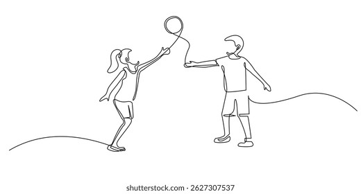 continuous line drawing of cheerful children playing catch ball.single line drawing of children playing outdoors.line art drawing of holiday activities in the park