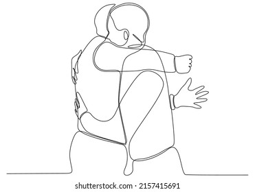 
Continuous line drawing of cheerful friends embracing each other. Two young men hug each other. Felt happy friends meeting with hug isolated on white background. hug. embrace. Vector