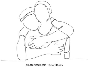 
Continuous line drawing of cheerful friends embracing each other. Two young men hug each other. Felt happy friends meeting with hug isolated on white background. hug. embrace. Vector