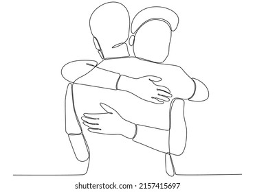 
Continuous line drawing of cheerful friends embracing each other. Two young men hug each other. Felt happy friends meeting with hug isolated on white background. hug. embrace. Vector