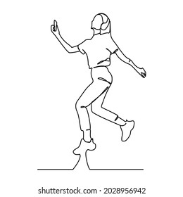 continuous line drawing of a cheerful girl with music.
