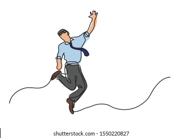 continuous line drawing of cheerful jumping businessman