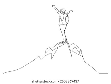 Continuous line drawing cheerful man rising hands after climbing a peak of mountain.