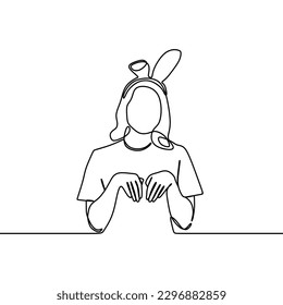 dibujo de línea continua de una alegre sonrisa joven mujer con ropa de conejo