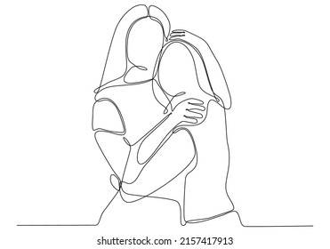 
Continuous line drawing of cheerful women embracing each other. Two women hugging each other