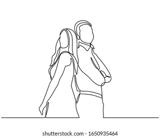 Continuous line drawing of Cheerful young couple standing. Young couple in love have fun isolated on white background.