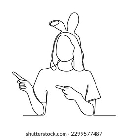continuous line drawing of cheerful young woman wearing bunny clothes