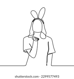 continuous line drawing of cheerful young woman wearing bunny clothes