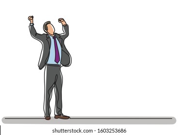 continuous line drawing of cheering businessman holding fists