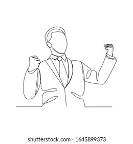 Continuous line drawing of cheering businessman holding fists. One line art concept of business success. Vector illustration.