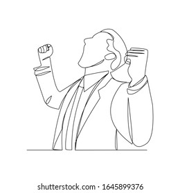 Continuo dibujo de un animado hombre de negocios con puños. Concepto de arte de una línea de éxito empresarial. Ilustración vectorial.