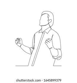 Continuo dibujo de un animado hombre de negocios con puños. Concepto de arte de una línea de éxito empresarial. Ilustración vectorial.