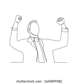 Continuous line drawing of cheering businessman holding fists. One line art concept of business success. Vector illustration.