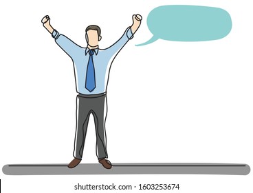 continuous line drawing of cheering happy businessman