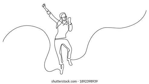 continuous line drawing of cheering jumping woman wearing face mask