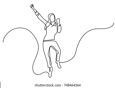 continuous line drawing of cheering jumping woman